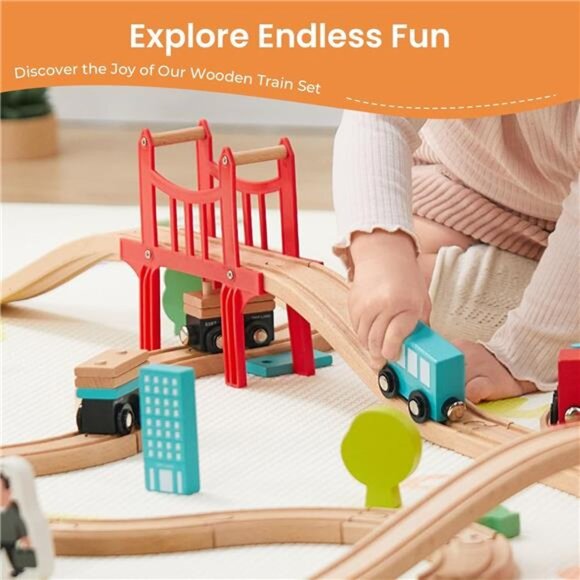Land Wooden Train Set for Toddler - 39 Pcs- with Wooden Tracks Compatible - Picture 3 of 8
